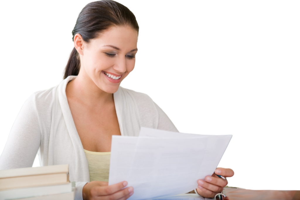 A woman smiling as she reviews paperwork, presented on a transparent background.